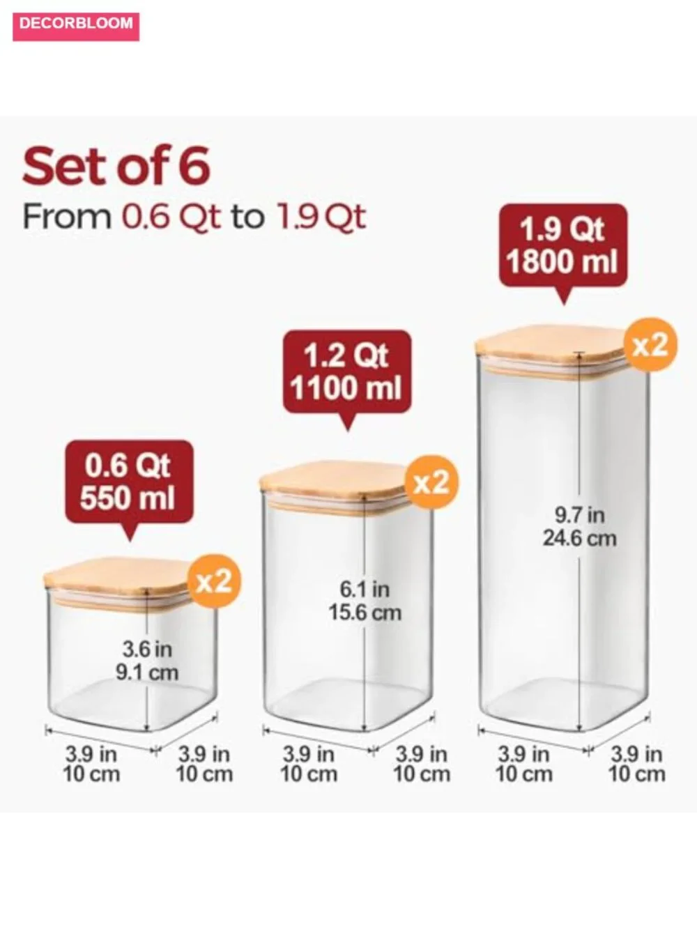 6-Pack Square Glass Pantry Storage Containers with Bamboo Lids, Airtight